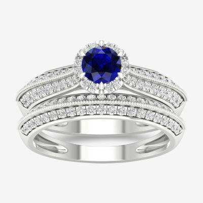 Modern Bride Gemstone Womens / CT. T.W. Genuine Sapphire 10K White Gold Round Halo Bridal Set