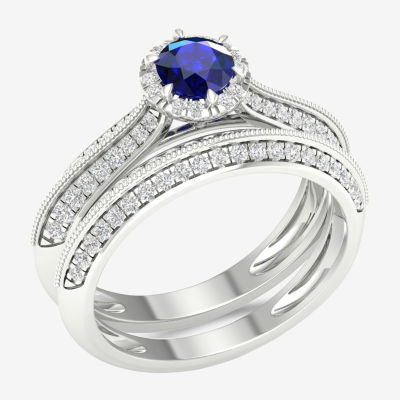 Modern Bride Gemstone Womens / CT. T.W. Genuine Sapphire 10K White Gold Round Halo Bridal Set