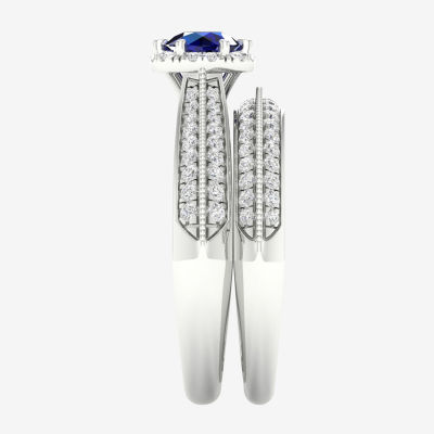 Modern Bride Gemstone Womens / CT. T.W. Genuine Sapphire 10K White Gold Round Halo Bridal Set