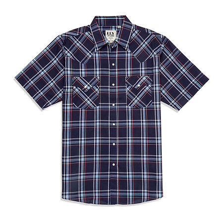 Ely Cattleman Plaid Big and Tall Mens Short Sleeve Western Shirt, Large Tall, Blue