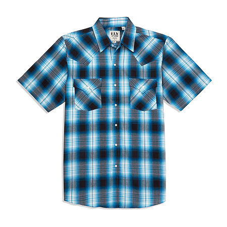 Ely Cattleman Plaid Mens Short Sleeve Western Shirt, Large, Blue