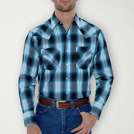 Ely Cattleman Plaid Mens Long Sleeve Western Shirt, Large, Blue