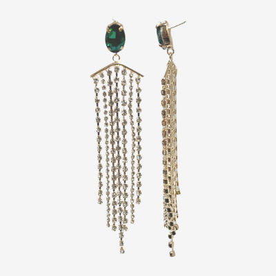 Bijoux Bar Gold Tone Green Tassel Crystal Drop Earrings