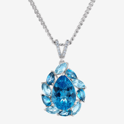 Womens Diamond Accent Genuine Blue Topaz Sterling Silver Pear Pendant Necklace