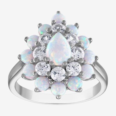 Womens Lab Created White Opal Sterling Silver Pear Cocktail Ring