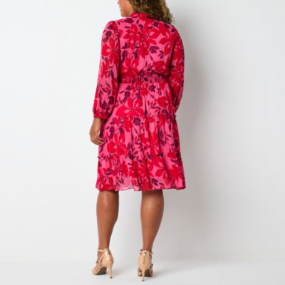 Liz Claiborne Womens Long Sleeve Floral Midi A-Line Dress Plus