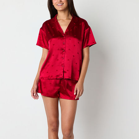 Ambrielle Womens Satin Short Sleeve 2-pc. Shorts Pajama Set, Large, Red