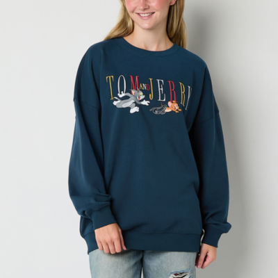 Juniors Tom and Jerry Embroidered Oversized Sweatshirt Womens Crew Neck Long Sleeve