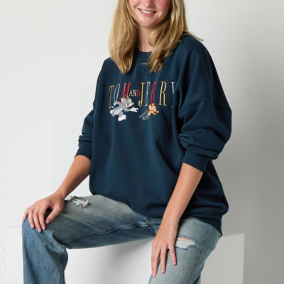 Juniors Tom and Jerry Embroidered Oversized Sweatshirt Womens Crew Neck Long Sleeve