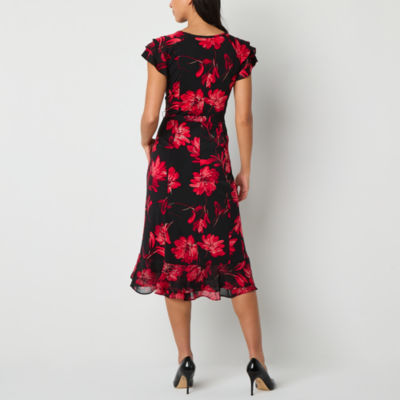 Perceptions Womens Short Sleeve Floral Midi Fit + Flare Dress