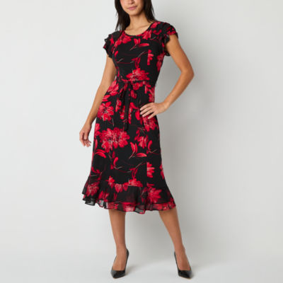 Perceptions Womens Short Sleeve Floral Midi Fit + Flare Dress Petite