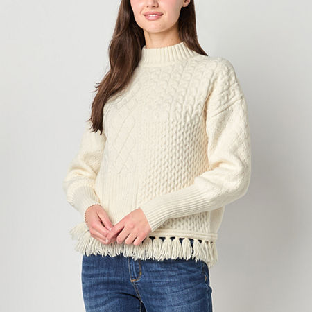 Frye and Co. Fringe Womens Round Neck Long Sleeve Pullover Sweater, Small, Beige