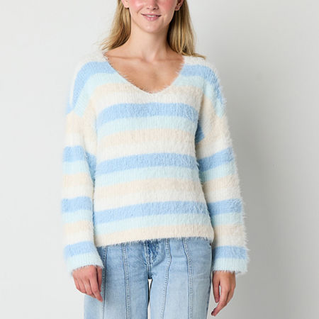 Arizona Juniors Womens Round Neck Long Sleeve Striped Pullover Sweater, Small, Blue