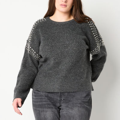 a.n.a Womens Crew Neck Embellished Long Sleeve Pullover Sweater