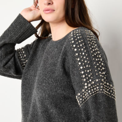 a.n.a Womens Crew Neck Embellished Long Sleeve Pullover Sweater