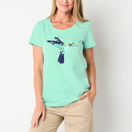 St. John's Bay Womens Crew Neck Short Sleeve Graphic T-Shirt, Petite X-small, Green