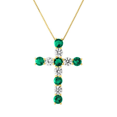 Womens Lab Created Green Emerald 10K Gold Cross Pendant Necklace