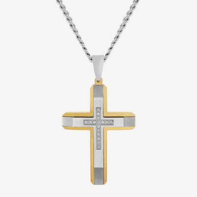 Mens 1/10 CT. T.W. Genuine White Diamond Stainless Steel Cross Pendant