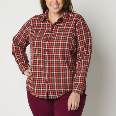 Ladies Black & White Plaid Button Down Long Sleeve Plus Size Tops