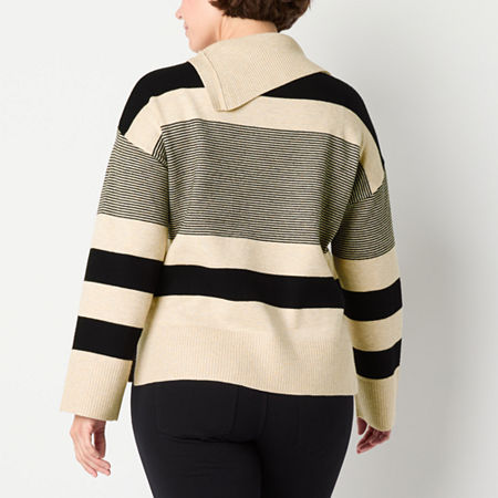 Liz Claiborne Womens Split Crew Neck Long Sleeve Striped Pullover Sweater, Petite X-small, Beige