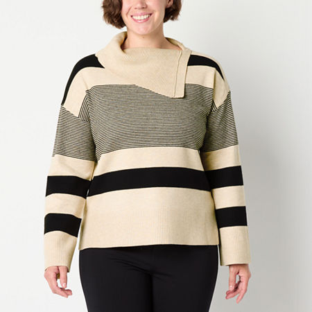 Liz Claiborne Womens Split Crew Neck Long Sleeve Striped Pullover Sweater, Petite X-small, Beige