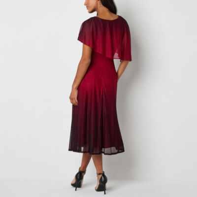 Danny & Nicole Glitter Womens Short Sleeve Ombre Midi Cape Fit + Flare Dress