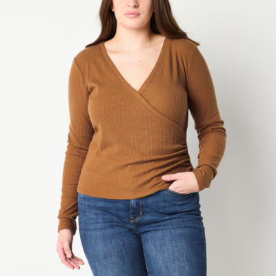a.n.a Ribbed Womens Long Sleeve Wrap Shirt
