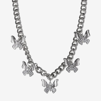 Jessica Simpson Silver Tone Glass 15 Inch Curb Butterfly Statement Necklace