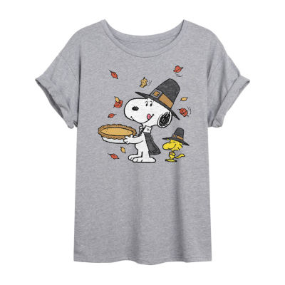 Juniors Snoopy And Woodstock Pie Womens Crew Neck Short Sleeve Peanuts Graphic T-Shirt