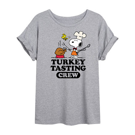 Novelty T-shirts Snoopy Turkey Tasting Womens Juniors Crew Neck Short Sleeve Regular Fit Peanuts Graphic T-shirt In Gray