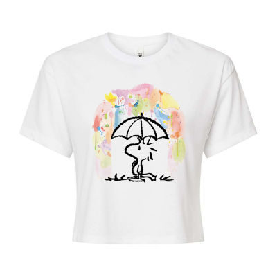 Juniors Umbrella Woodstock Cropped Tee Womens Crew Neck Long Sleeve Peanuts Graphic T-Shirt