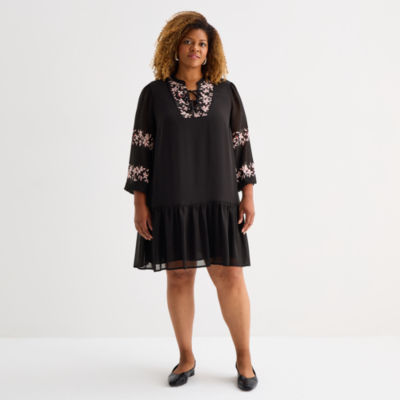 Sam And Jess Womens Plus 3/4 Sleeve Shift Dress, Color: Rich Black