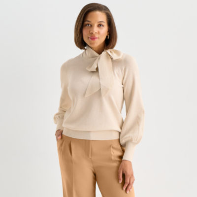Liz Claiborne Womens Split Tie Neck Long Sleeve Pullover Sweater