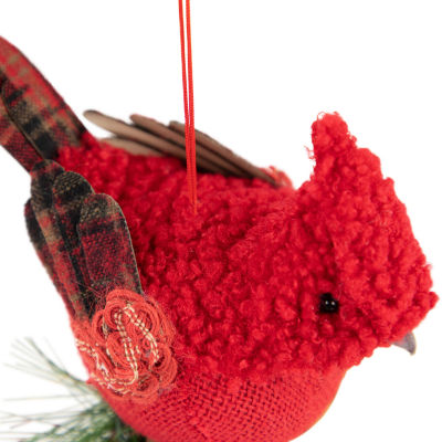5'' Red Burlap Cardinal with Pine Needles and Berries Christmas Ornament