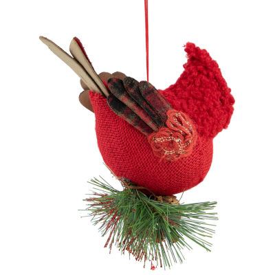 5'' Red Burlap Cardinal with Pine Needles and Berries Christmas Ornament