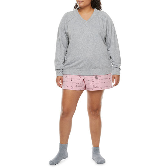Ambrielle Womens Plus Long Sleeve V-Neck 3-pc. Shorts Pajama Set