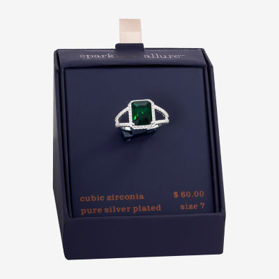 Sparkle Allure Womens Green Cubic Zirconia Pure Silver Over Brass Rectangular Cocktail Ring