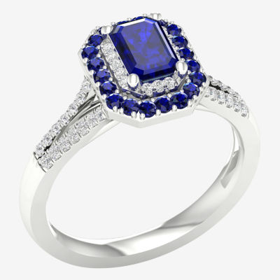 Womens Genuine Blue Sapphire  & 1/8 CT. T.W. Diamond 10K White Gold Halo Cocktail Ring