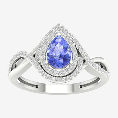 Womens Genuine Purple Tanzanite & 1/4 CT. T.W. Mined White Diamond 10K Gold Halo Cocktail Ring