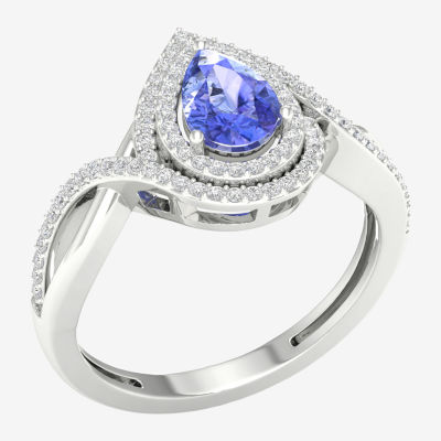 Womens Genuine Purple Tanzanite & 1/4 CT. T.W. Mined White Diamond 10K Gold Halo Cocktail Ring