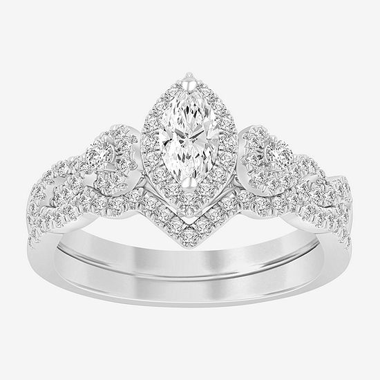 Womens 3/4 CT. T.W. Genuine White Diamond 10K White Gold Marquise Side Stone Halo Bridal Set