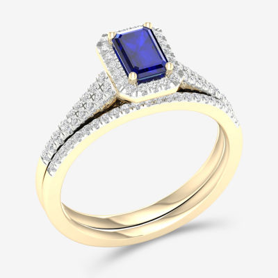 Modern Bride Gemstone Womens 1/3 CT. T.W. Genuine Blue Sapphire 10K Gold Halo Bridal Set