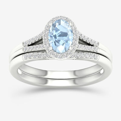 Modern Bride Gemstone Womens 1/5 CT. Genuine Blue Aquamarine 10K White Gold Oval Halo Bridal Set