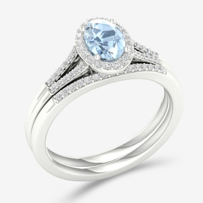 Modern Bride Gemstone Womens 1/5 CT. T.W. Genuine Blue Aquamarine 10K White Gold Oval Halo Bridal Set