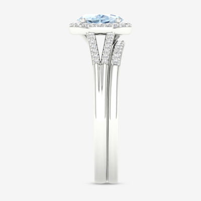 Modern Bride Gemstone Womens 1/5 CT. Genuine Blue Aquamarine 10K White Gold Oval Halo Bridal Set