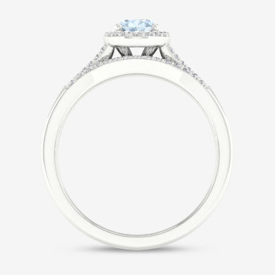 Modern Bride Gemstone Womens 1/5 CT. Genuine Blue Aquamarine 10K White Gold Oval Halo Bridal Set