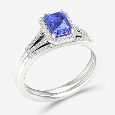 Modern Bride Gemstone Womens 1/5 CT. Genuine Blue Tanzanite 10K White Gold Halo Bridal Set