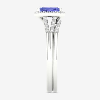 Modern Bride Gemstone Womens 1/5 CT. Genuine Blue Tanzanite 10K White Gold Halo Bridal Set