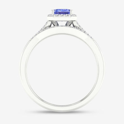 Modern Bride Gemstone Womens 1/5 CT. Genuine Blue Tanzanite 10K White Gold Halo Bridal Set
