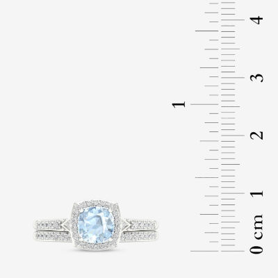 Modern Bride Gemstone Womens 1/3 CT. T.W. Genuine Blue Aquamarine 10K White Gold Cushion Halo Bridal Set